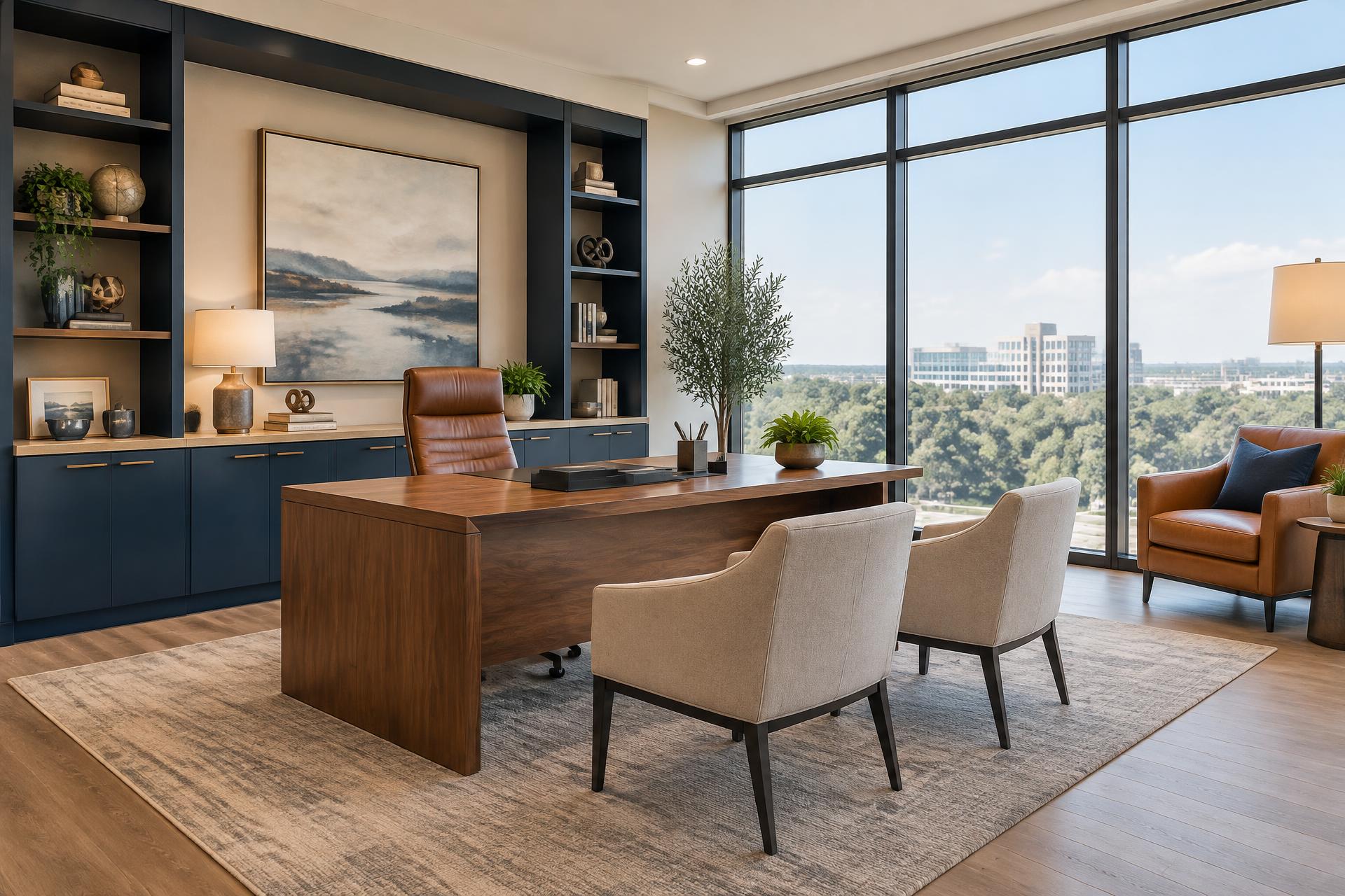 Sunlit private executive office suite with a wood desk, seating area, and floor-to-ceiling windows