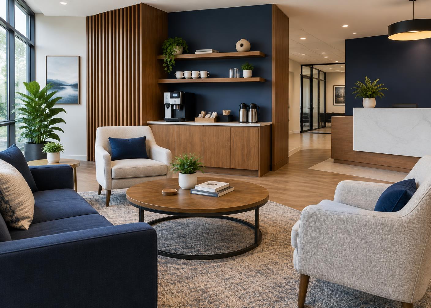 Reception lounge at Smyrna Office Suites with comfortable seating and a coffee station
